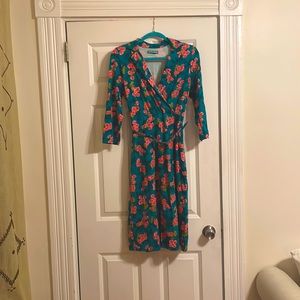 V Neck, Collared Pink and Teal Floral Dress w/ Matching Belt